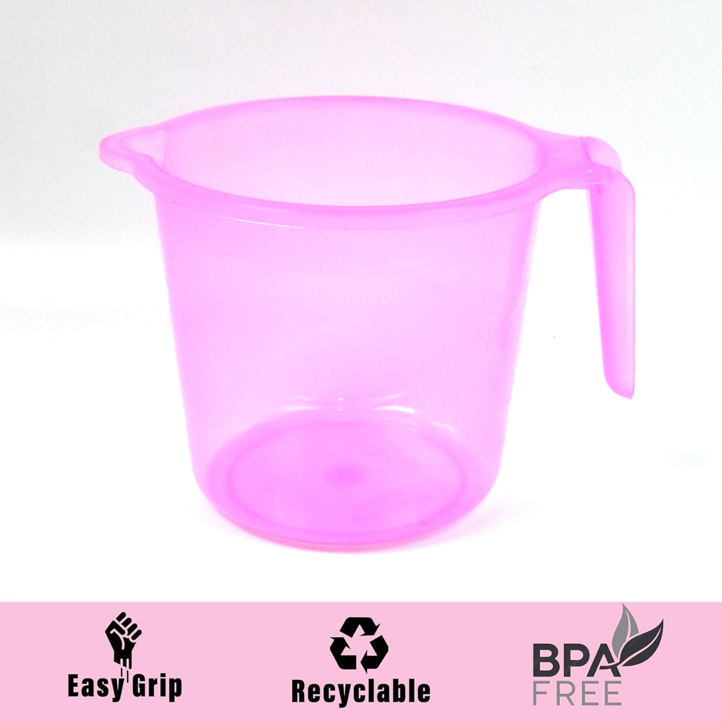 Assortment of transparent plastic bath mugs in various vibrant colours.