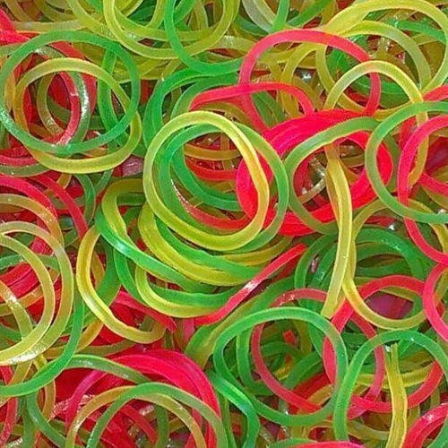 Close-up of vibrant multicolor elastic rubber bands.