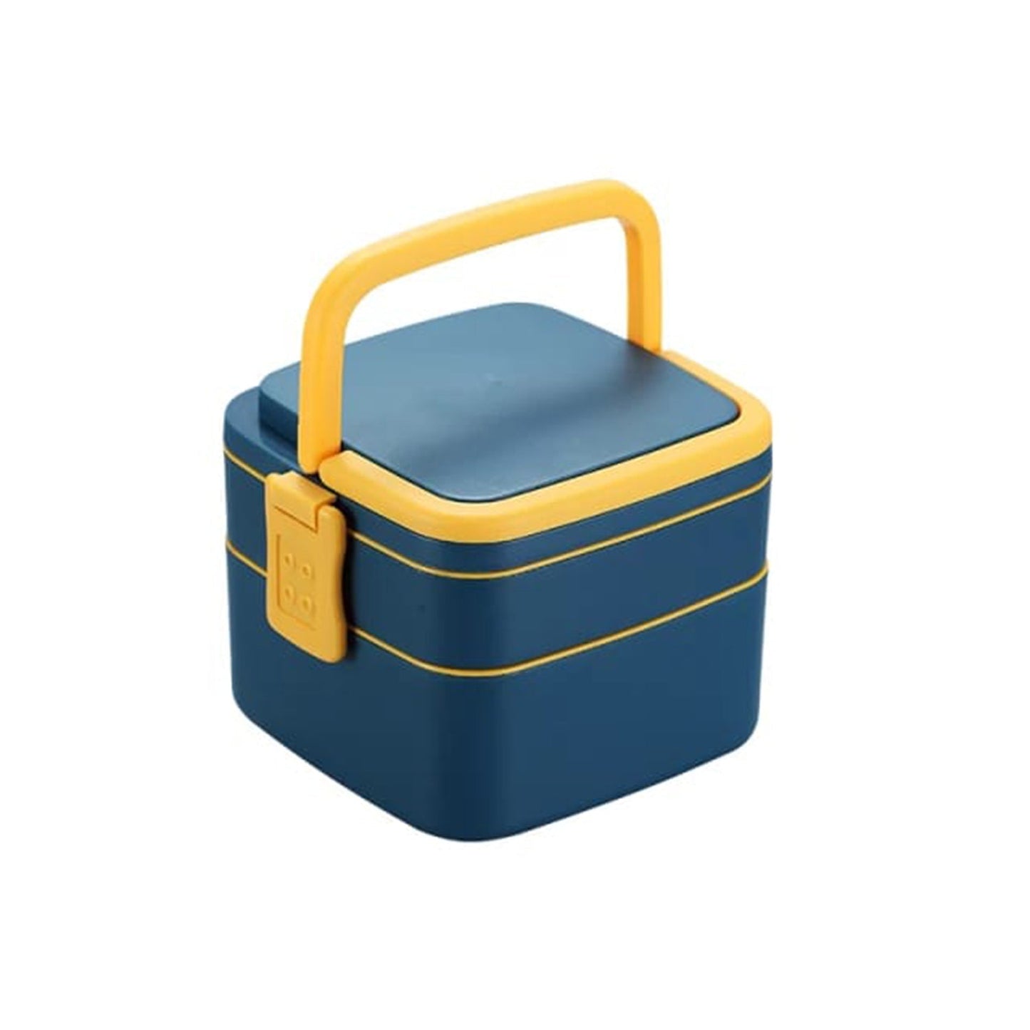 Portable blue bento lunch box open, showcasing its two separate compartments.