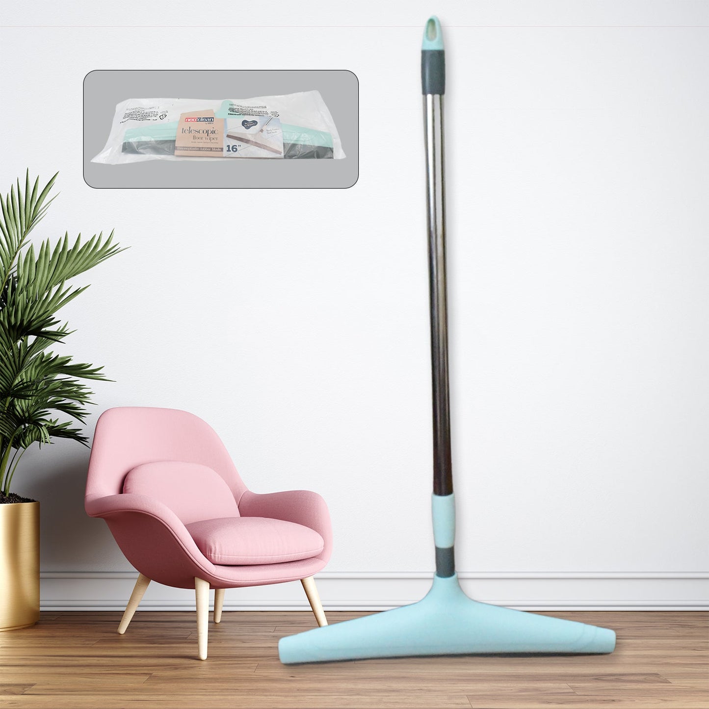Ganesh telescopic floor wiper, 16 inch, with extendable handle shown from various angles.