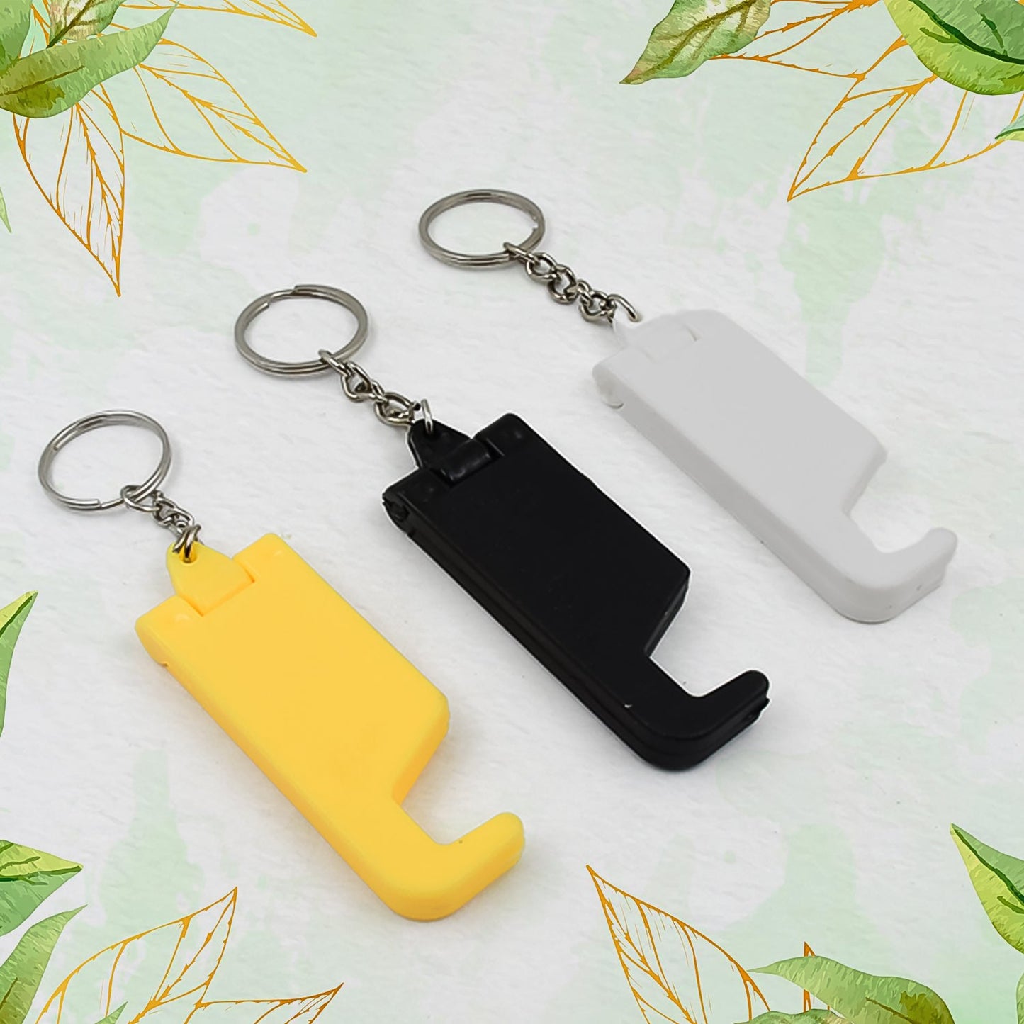 Multicolor 2-in-1 plastic keychain mobile stand.