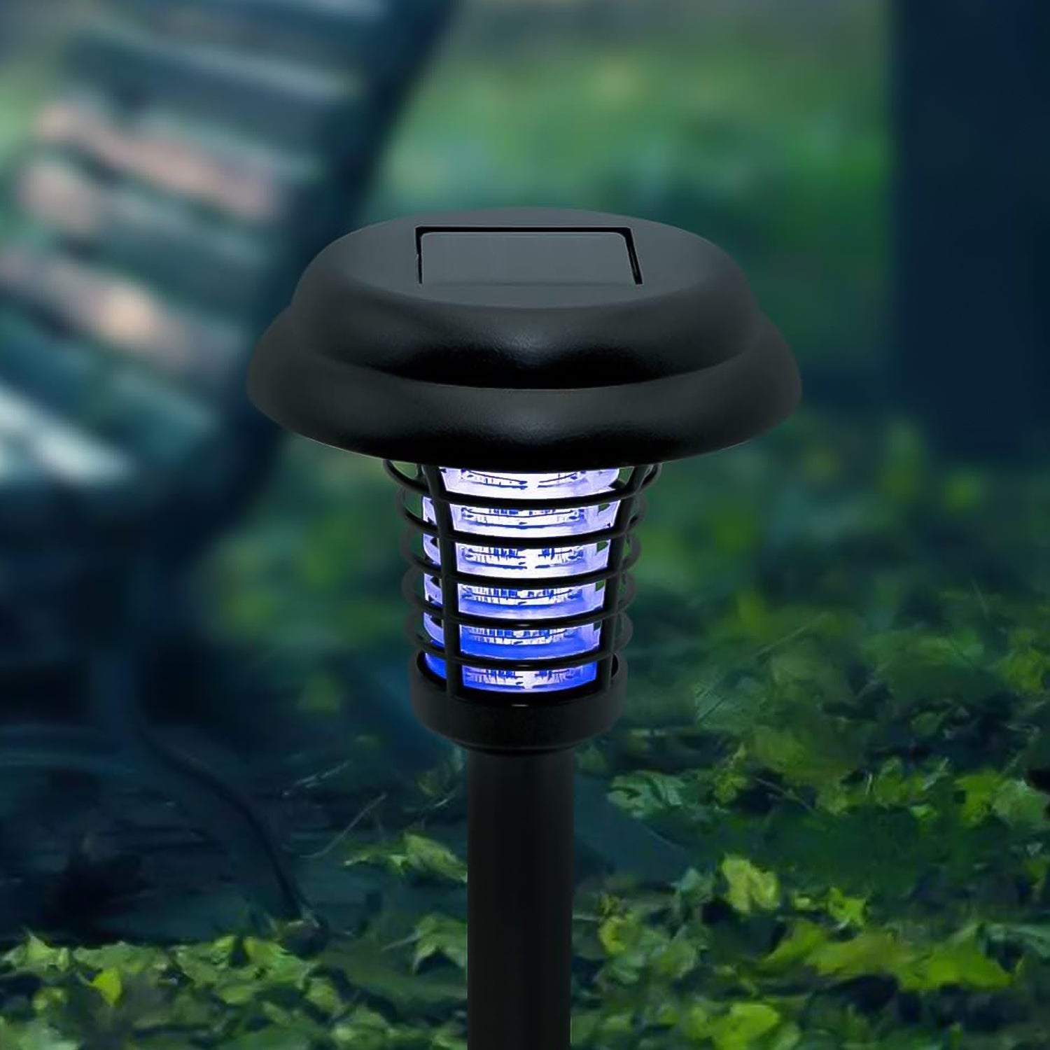 LumiTrap solar powered garden light and insect zapper standing tall.