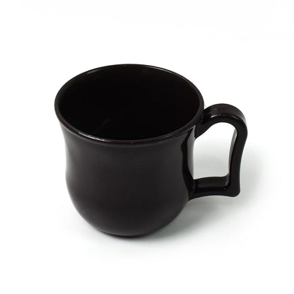Durable black plastic coffee mug with a sturdy handle, ready for your morning chai.
