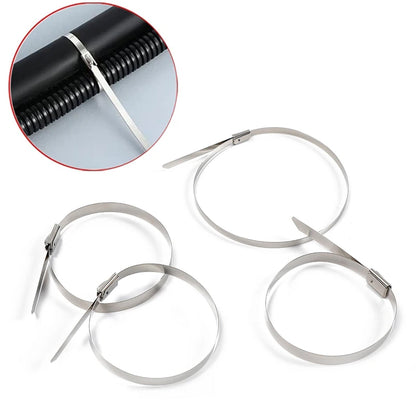 Stainless steel zip ties used to secure wiring on a solar panel installation, highlighting their outdoor durability.