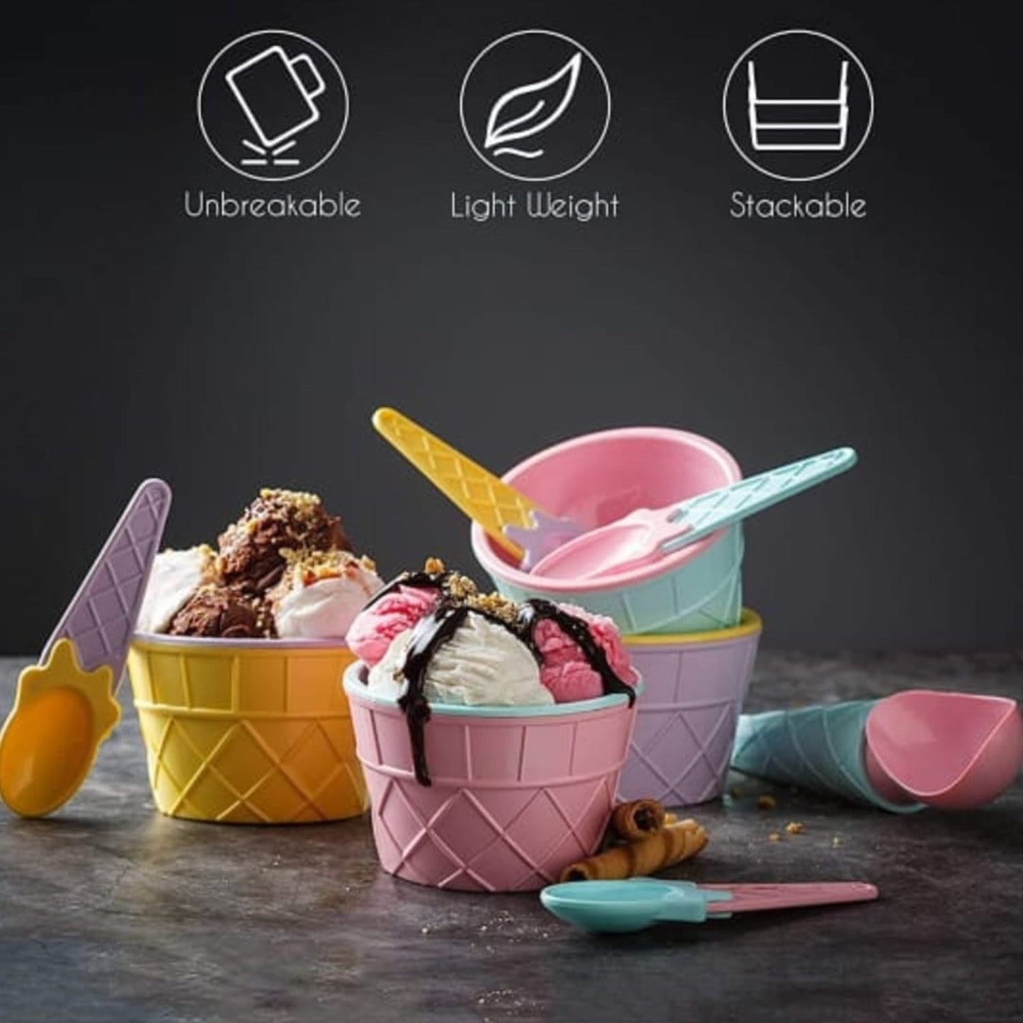 Brightly colored reusable plastic ice cream bowls in a stack.
