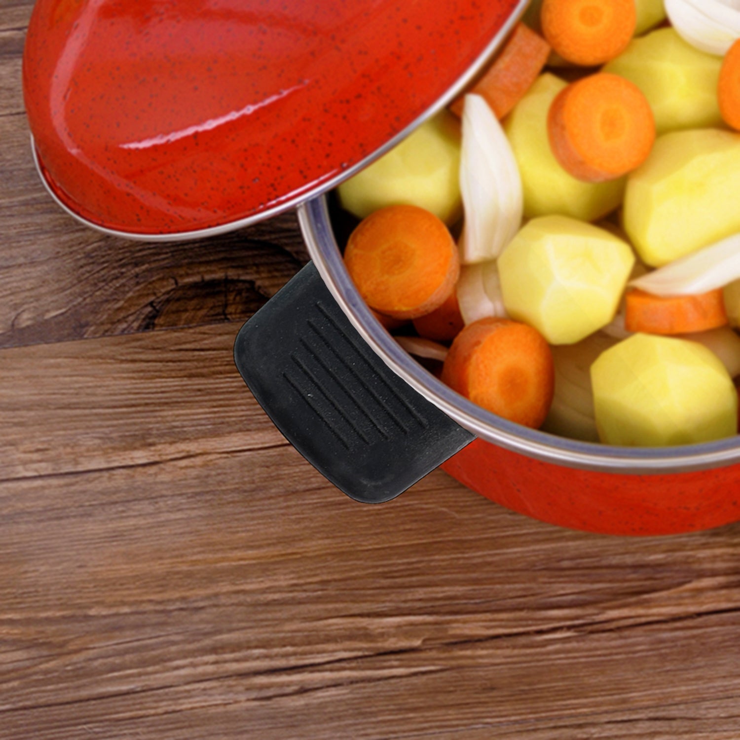 Silicone pot handle cover slip-on sleeve offering heat protection in kitchen