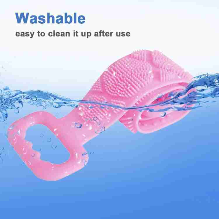 Silicone body back scrubber in green, highlighting its long design.