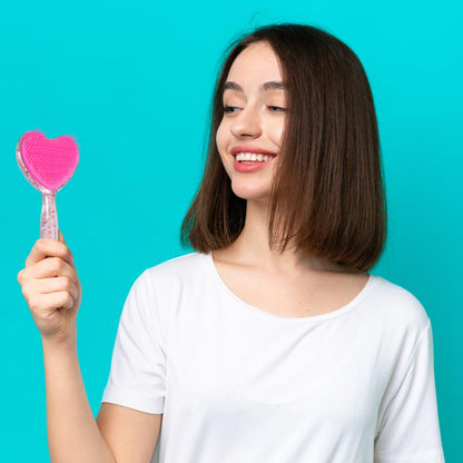 Close-up of the ball-tipped nylon bristles on the heart hair brush for painless detangling.