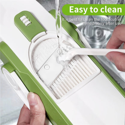 Person operating the adjustable hand press vegetable chopper.