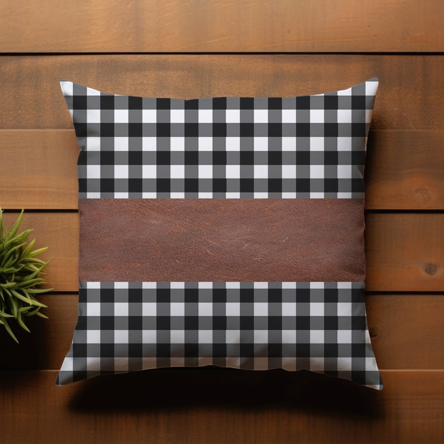 Stylish checked faux leather and cotton blend pillow cover for sofa.