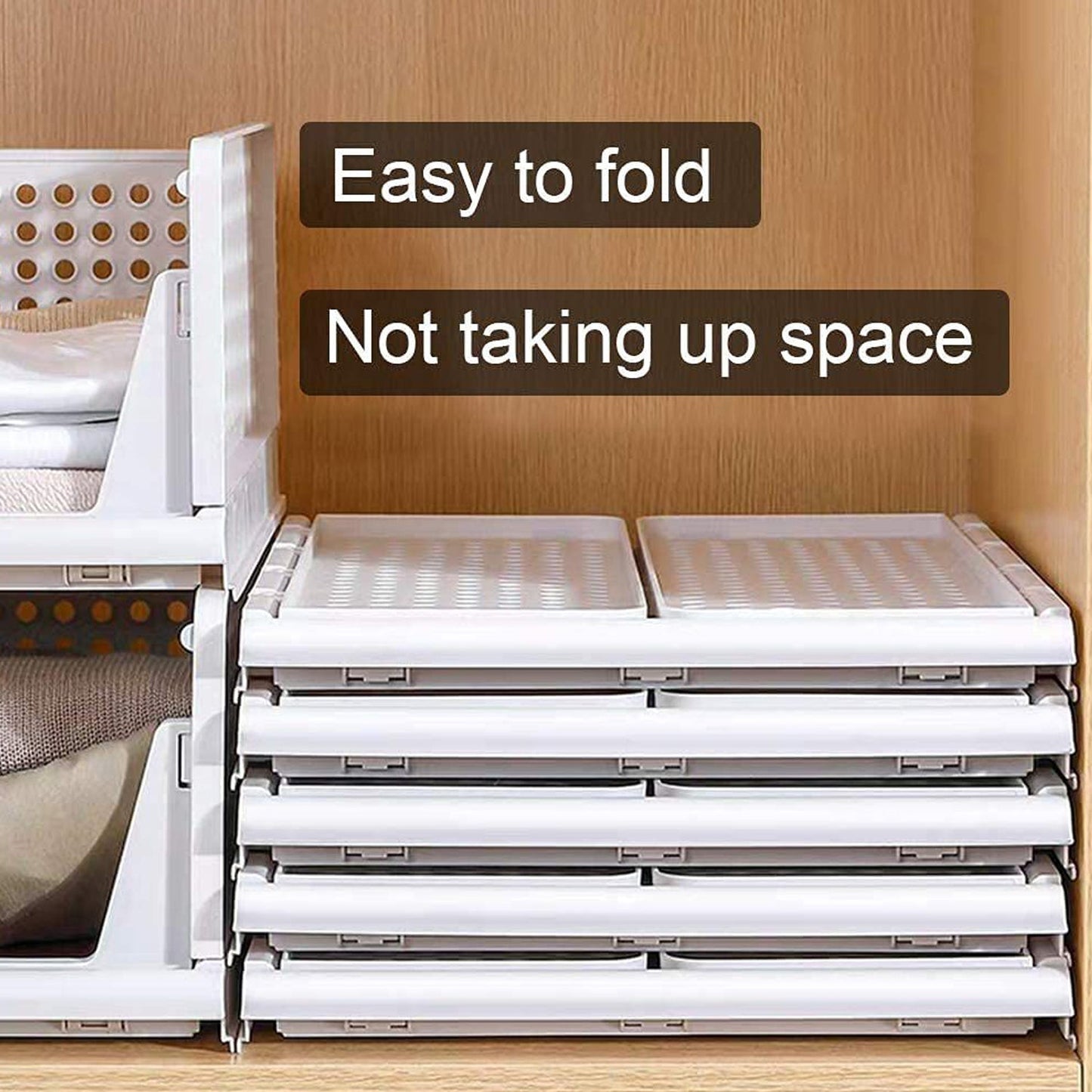 Multiple stackable plastic wardrobe drawer organizers shown in various configurations.