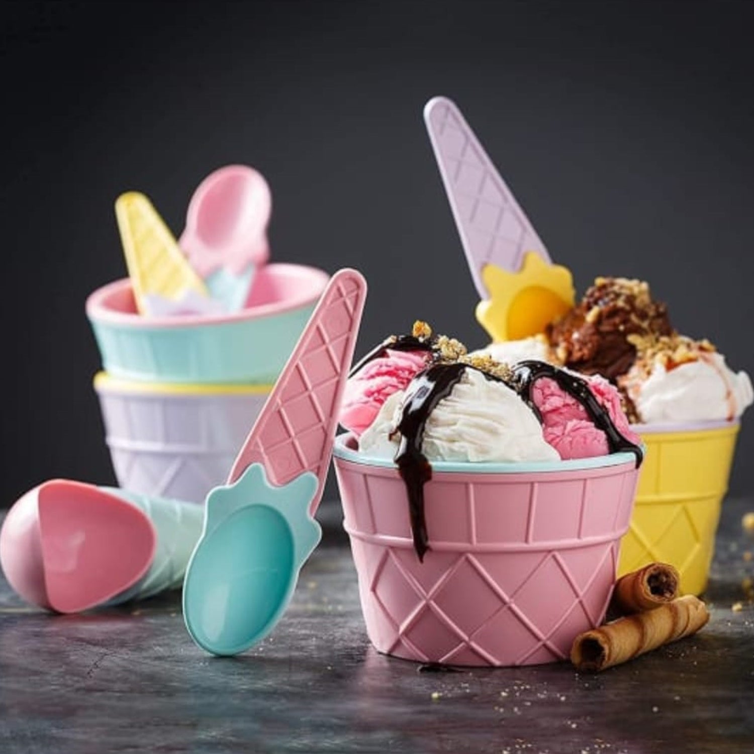 Vibrant multi-color ice cream bowl set with matching spoons displayed.