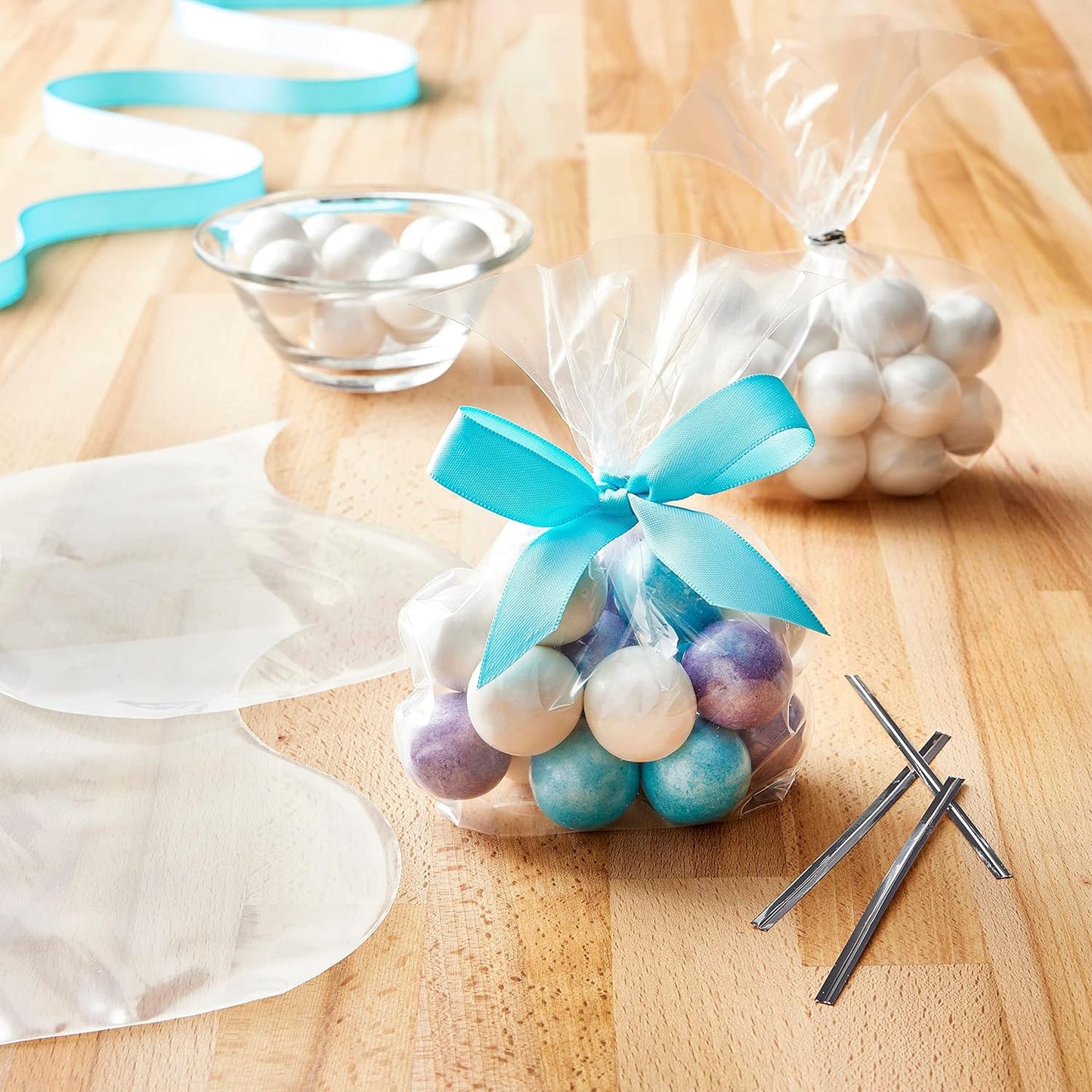 Group of clear packaging bags suitable for cookies, candies, and party favors