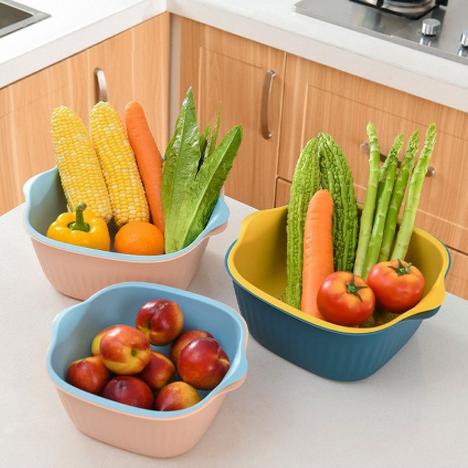 Side angle of the sturdy plastic washing bowl and removable strainer.