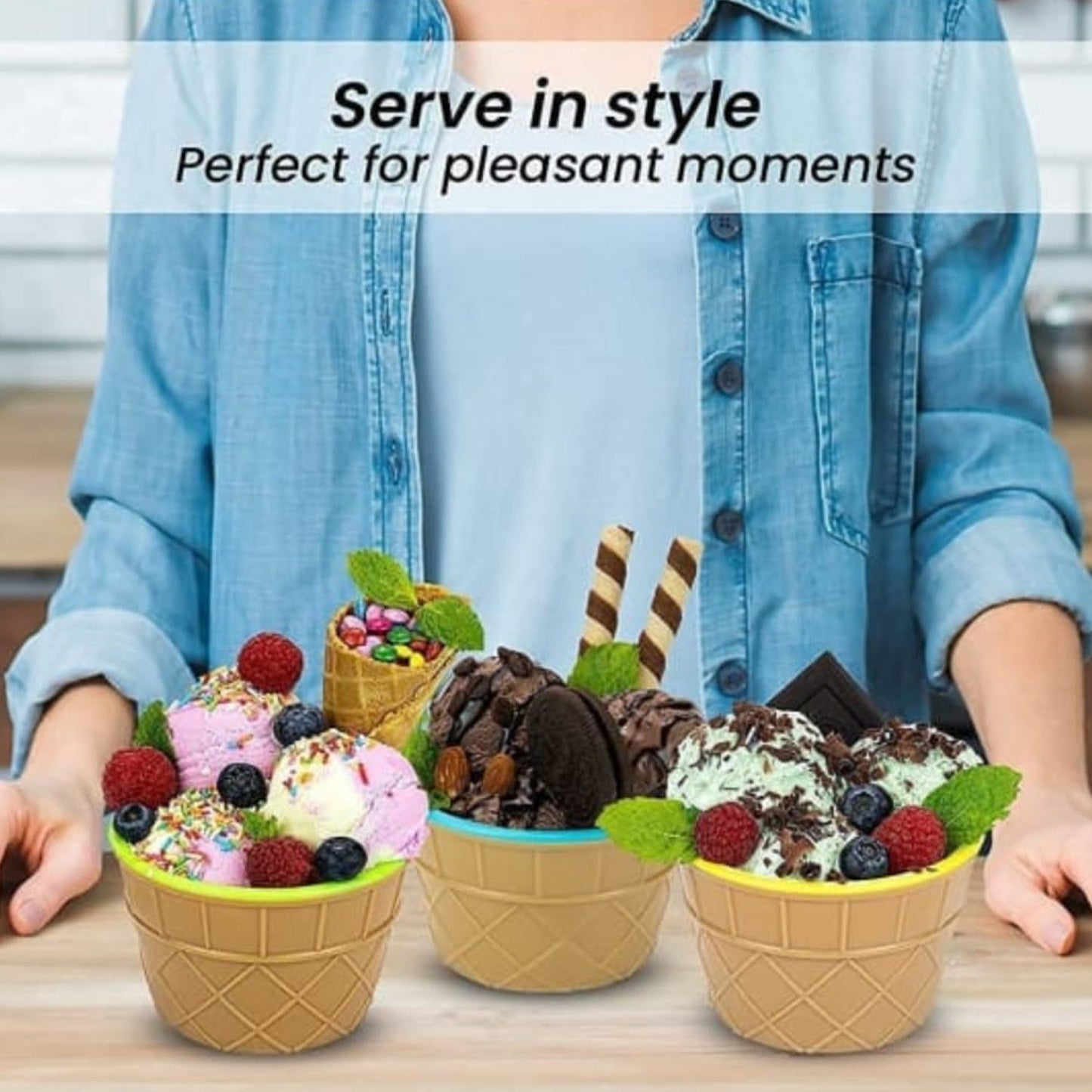 Two empty ice cream bowls and spoons ready for serving.