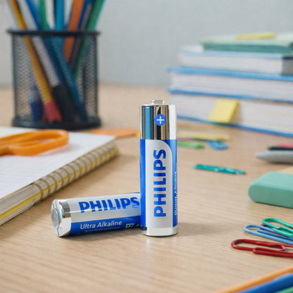 Side view of AA alkaline batteries for clocks and gadgets