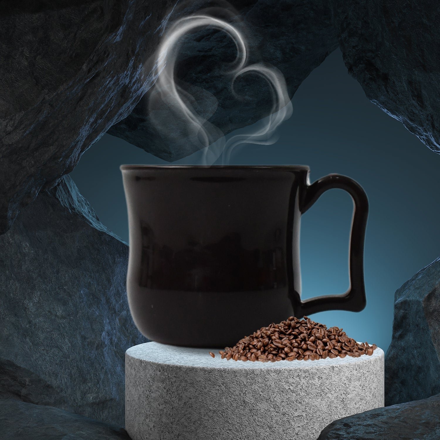 Single black plastic coffee mug with a sleek finish, suitable for everyday enjoyment.