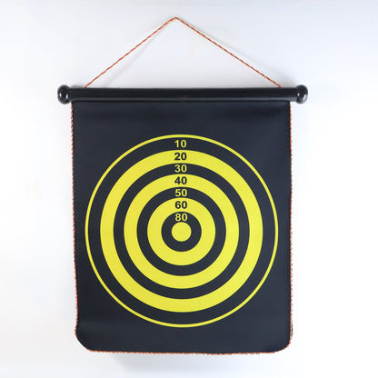 Magnetic dart board displaying colorful scoring pattern on magnetic vinyl