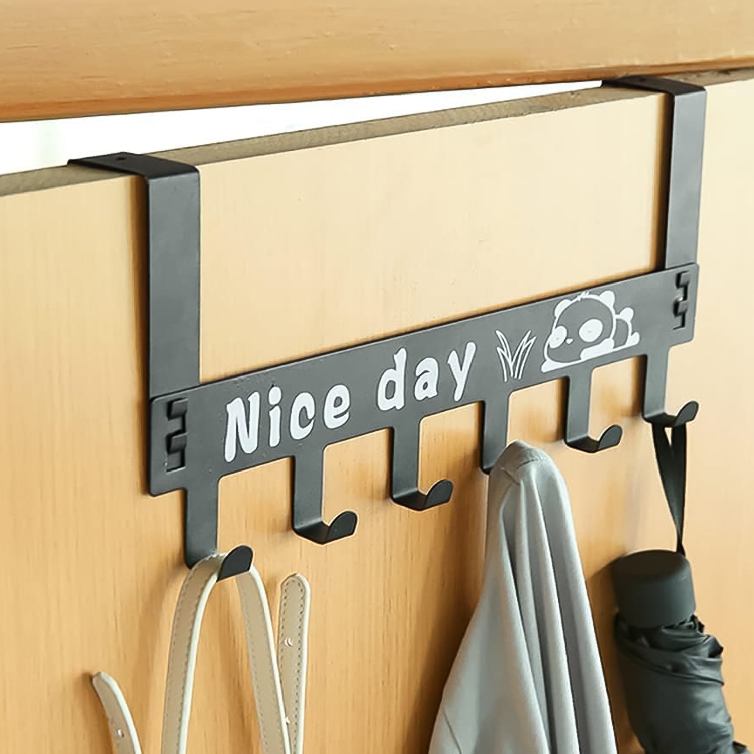 Six-hook over door storage rack constructed from black carbon steel