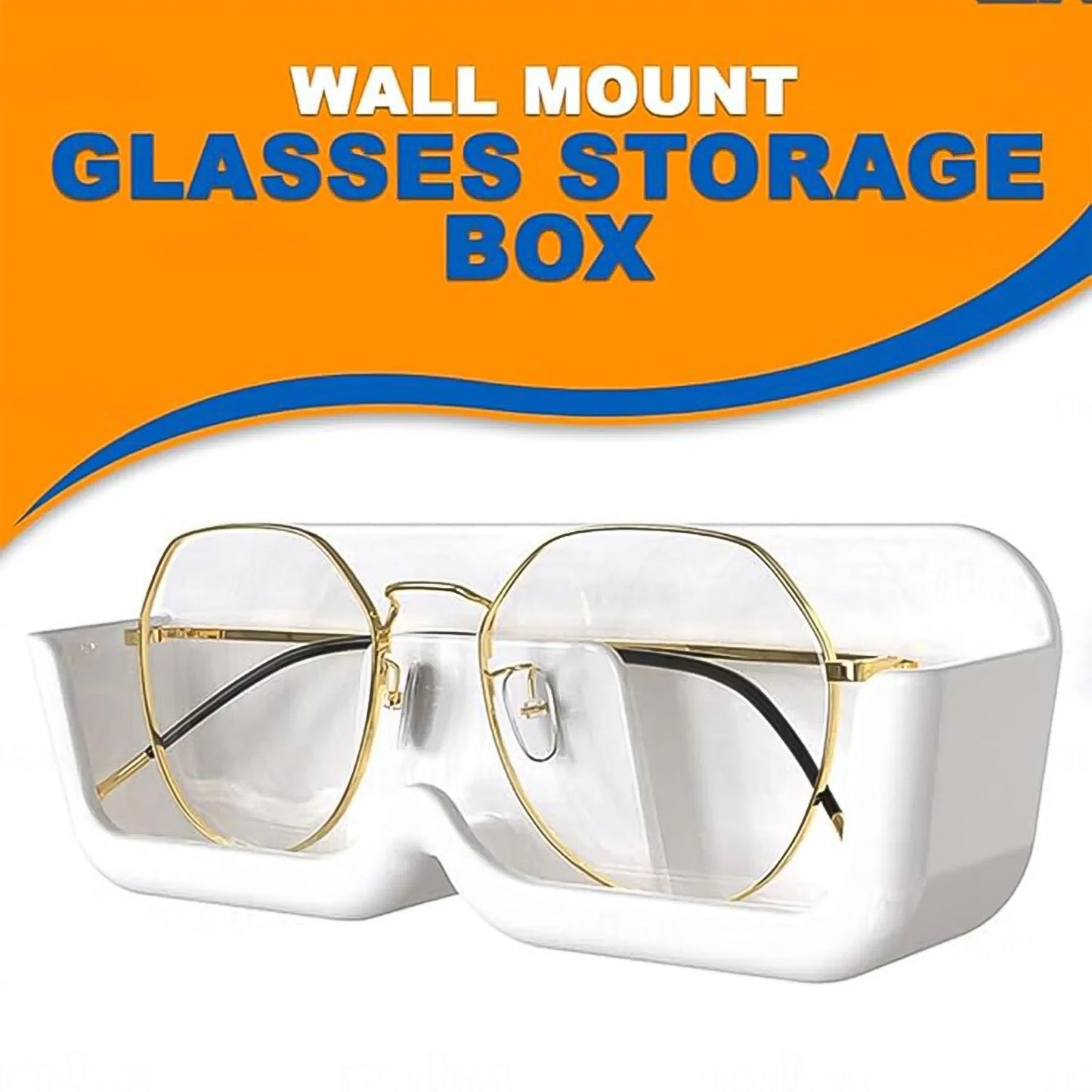 Close-up of a single wall mounted sunglasses holder securely holding black sunglasses.