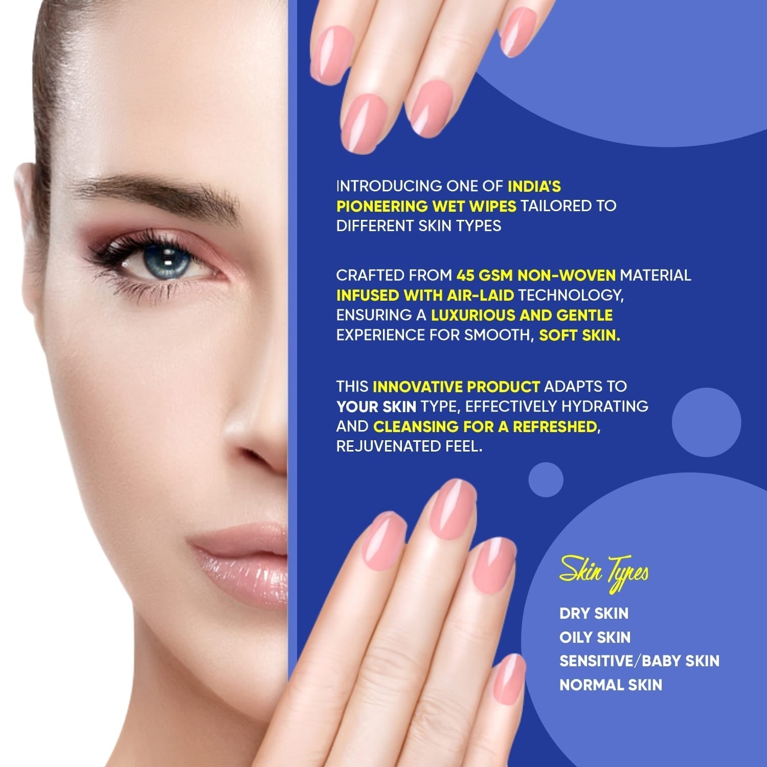 Hand pulling a pH-balanced wet wipe from the pack, highlighting its soft texture.