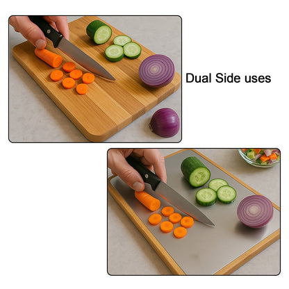 Close-up showing sharp stainless steel surface of Steel Oak Cutting Board