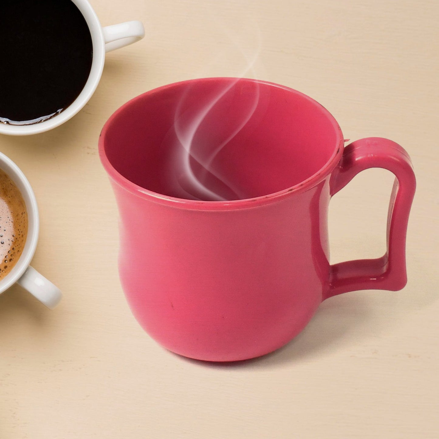 Ergonomic handle design of the lightweight plastic mug for comfortable grip.