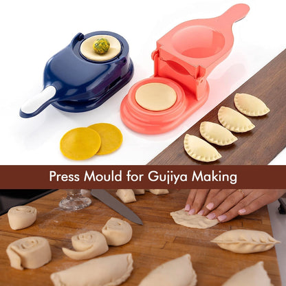 Close-up of the plastic Gujiya and momo mould, showing its ergonomic handle.