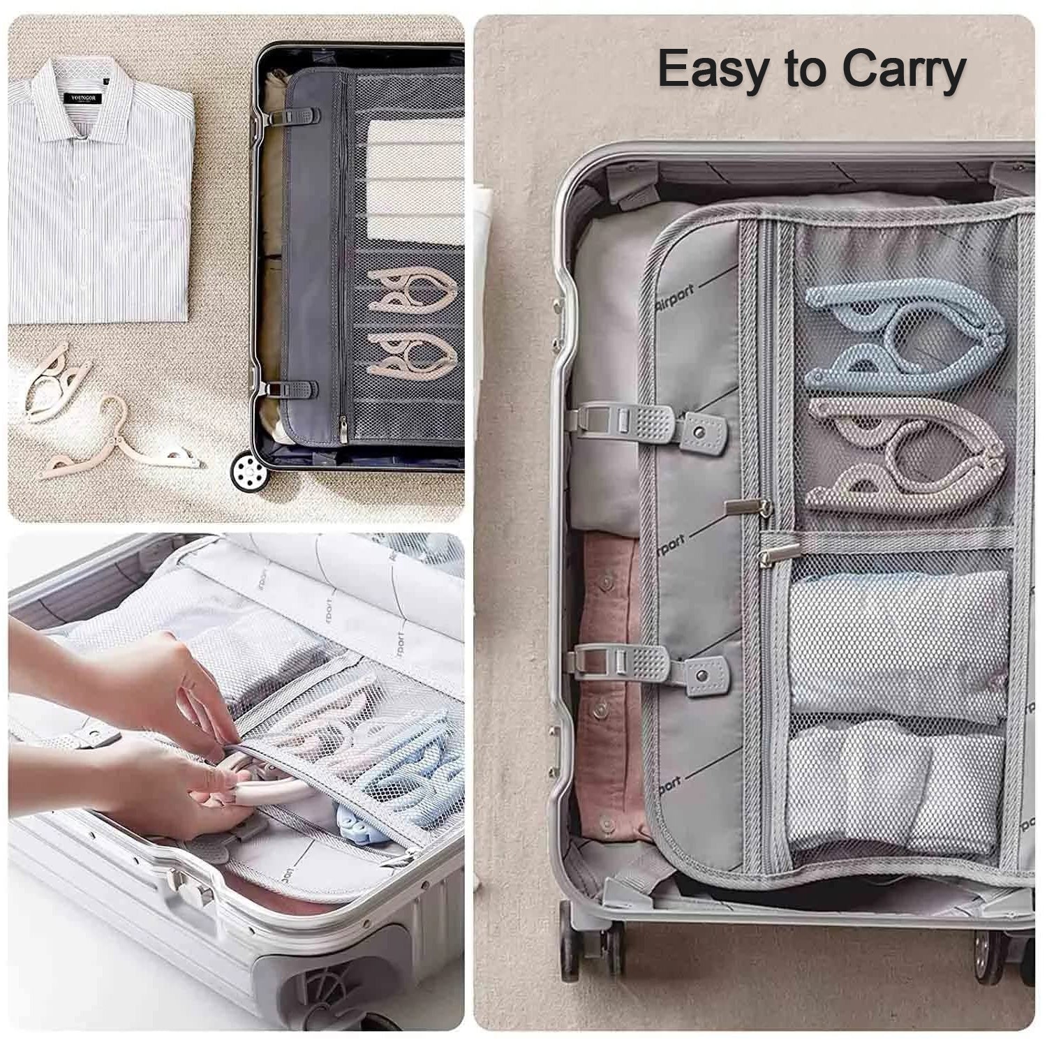 Convenient portable clothes hangers, perfect for keeping various garments neat while travelling.