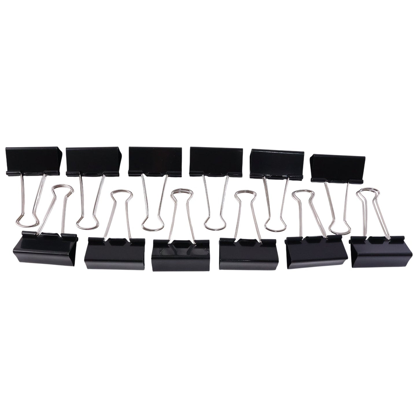 Neatly arranged black metal binder clips 19mm size
