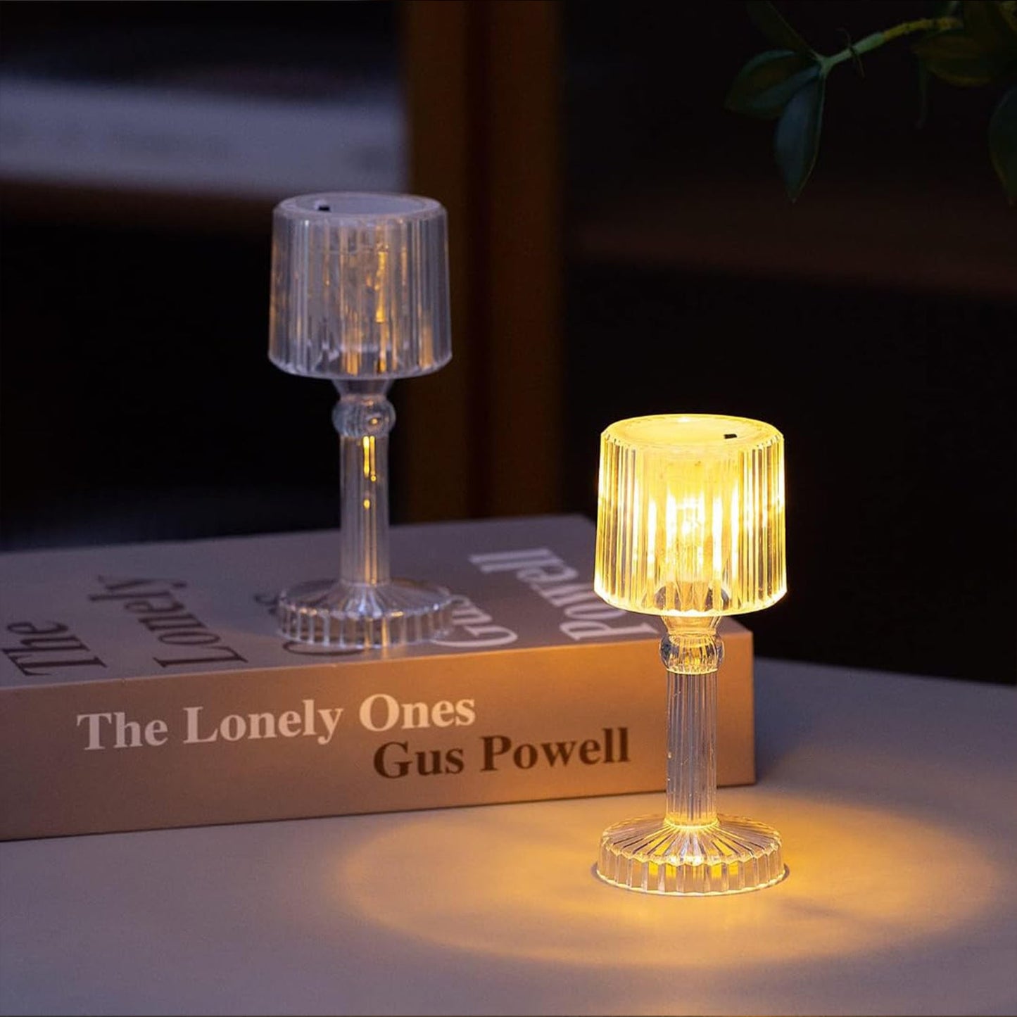 Close-up of the crystal LED lamp's reflective surface.