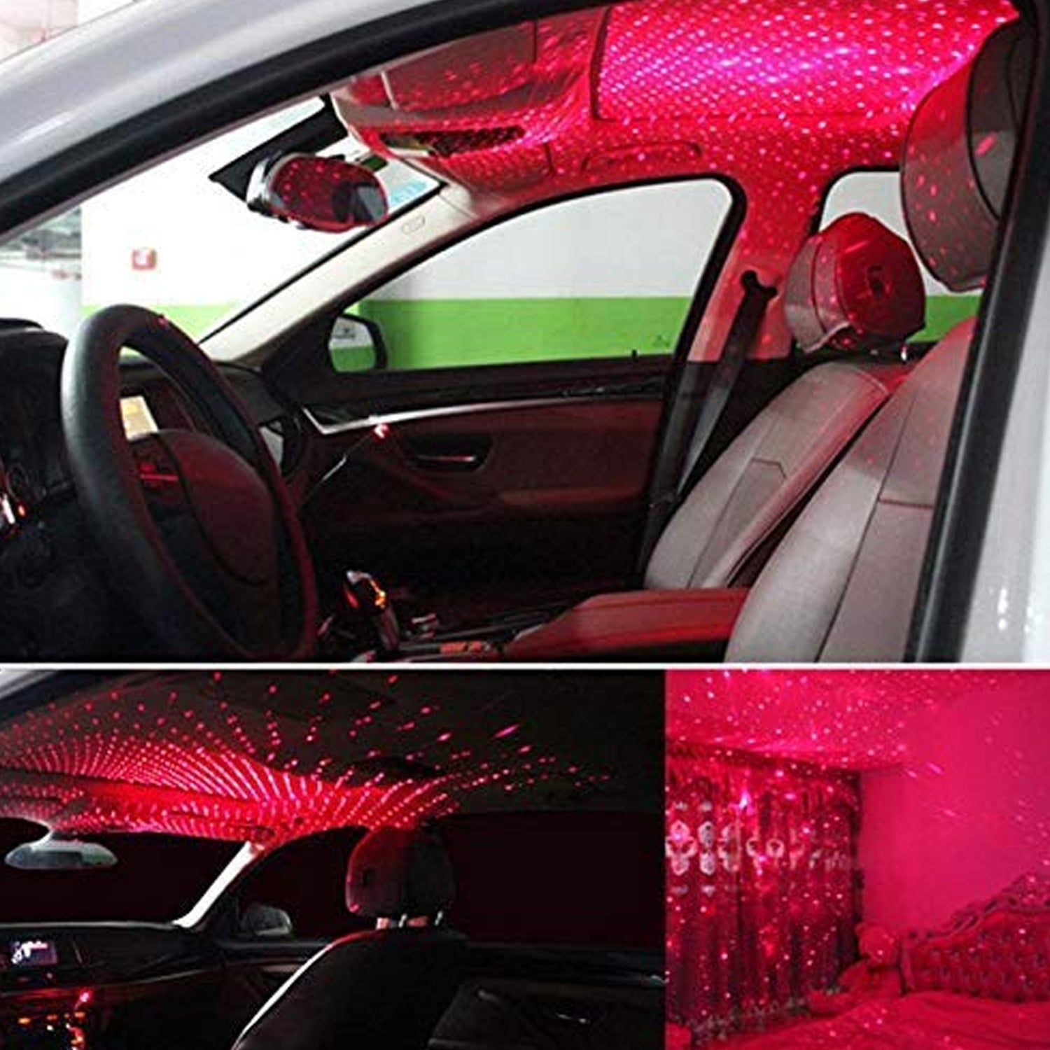 Versatile Star Projector light illuminating both car interiors and home spaces.
