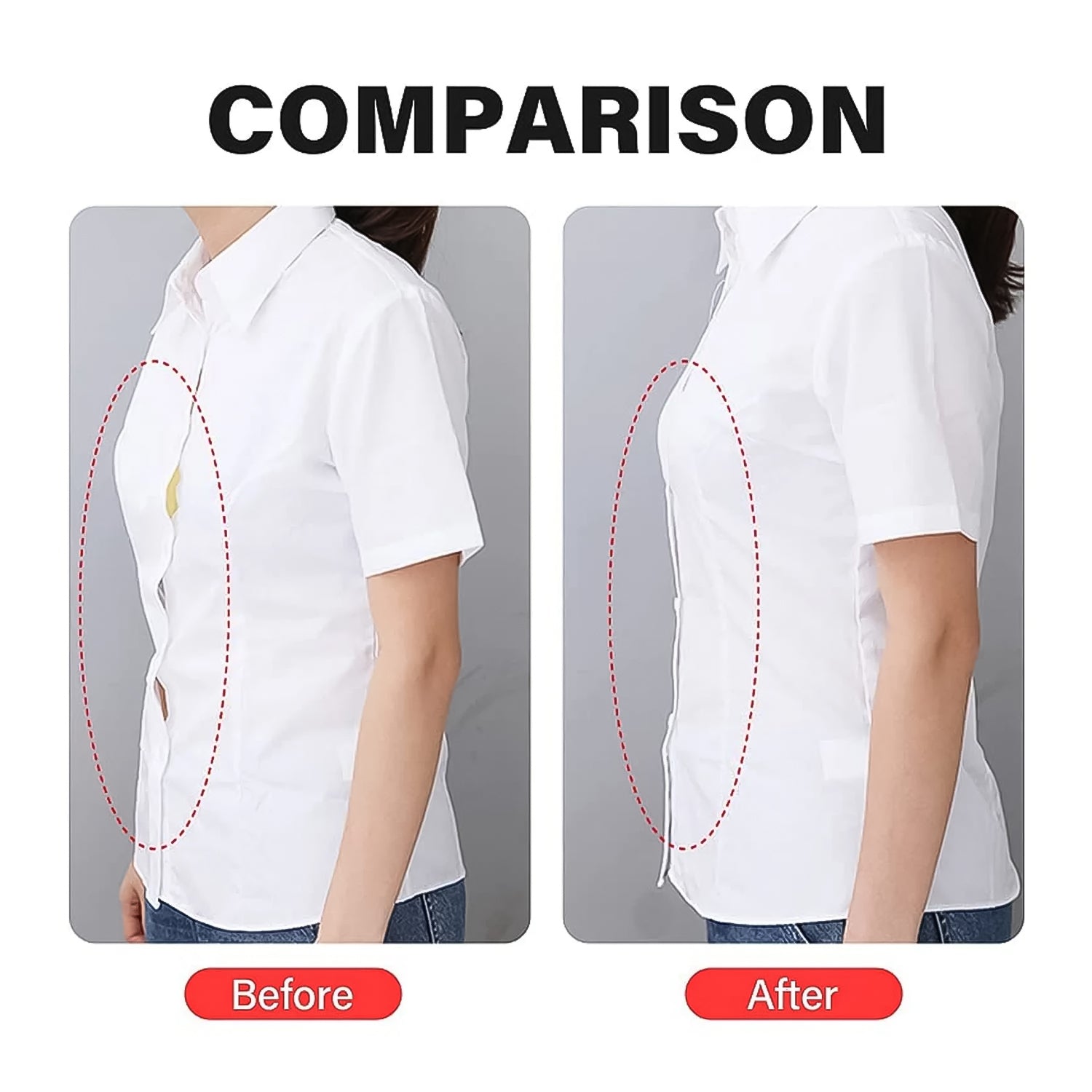 Discreet transparent body tape securing an open-sided blouse.