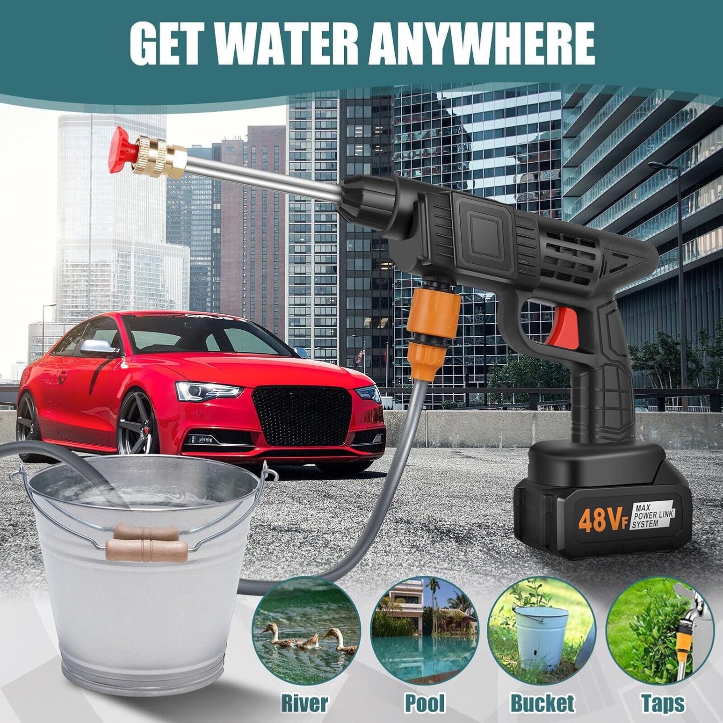The Carivox 48V wireless car washer gun ready for use.