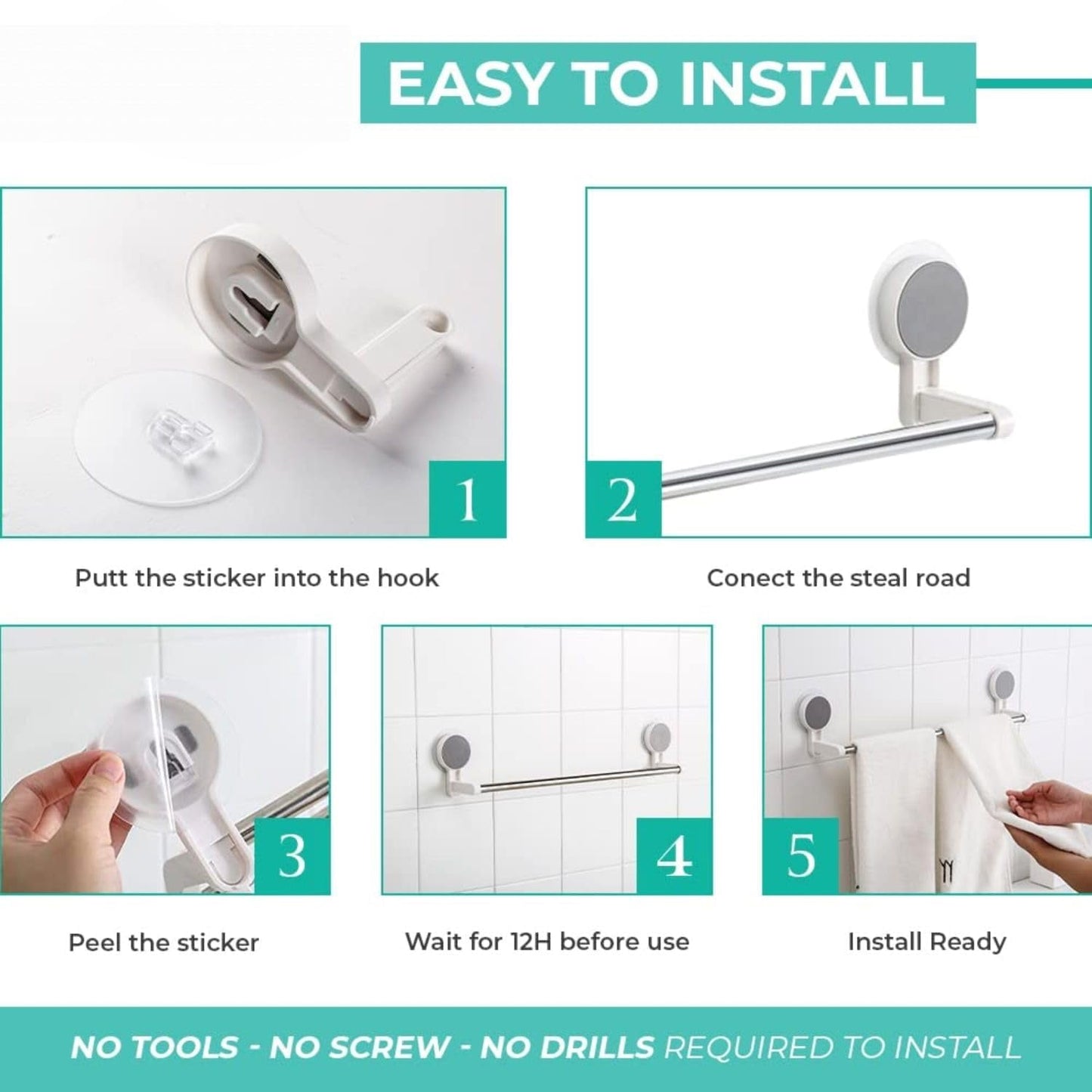 Self-adhesive towel rod positioned near shower for hand towel drying