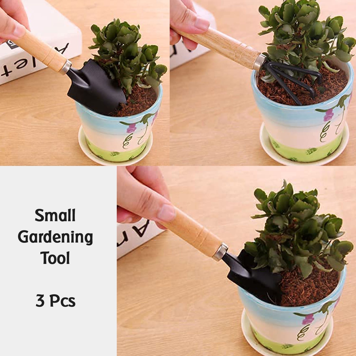 Durable wooden handle on metal gardening tool