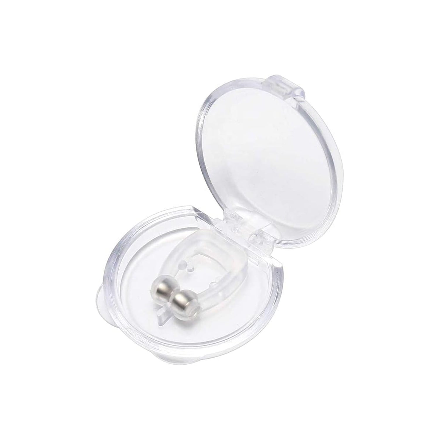 A hand gently holding the lightweight silicone anti-snore nose clip.