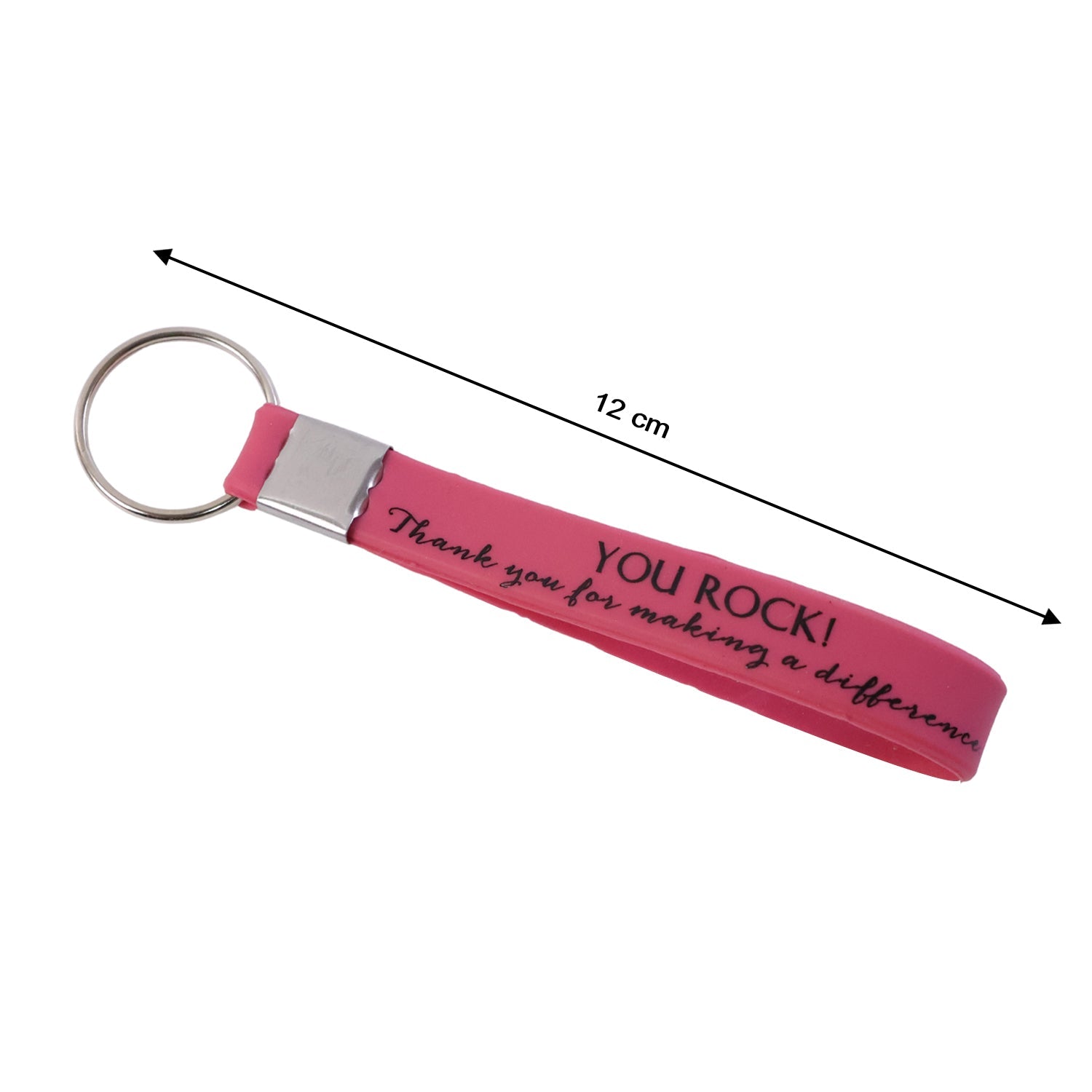 Close-up showing the text on a motivational wrist strap keychain