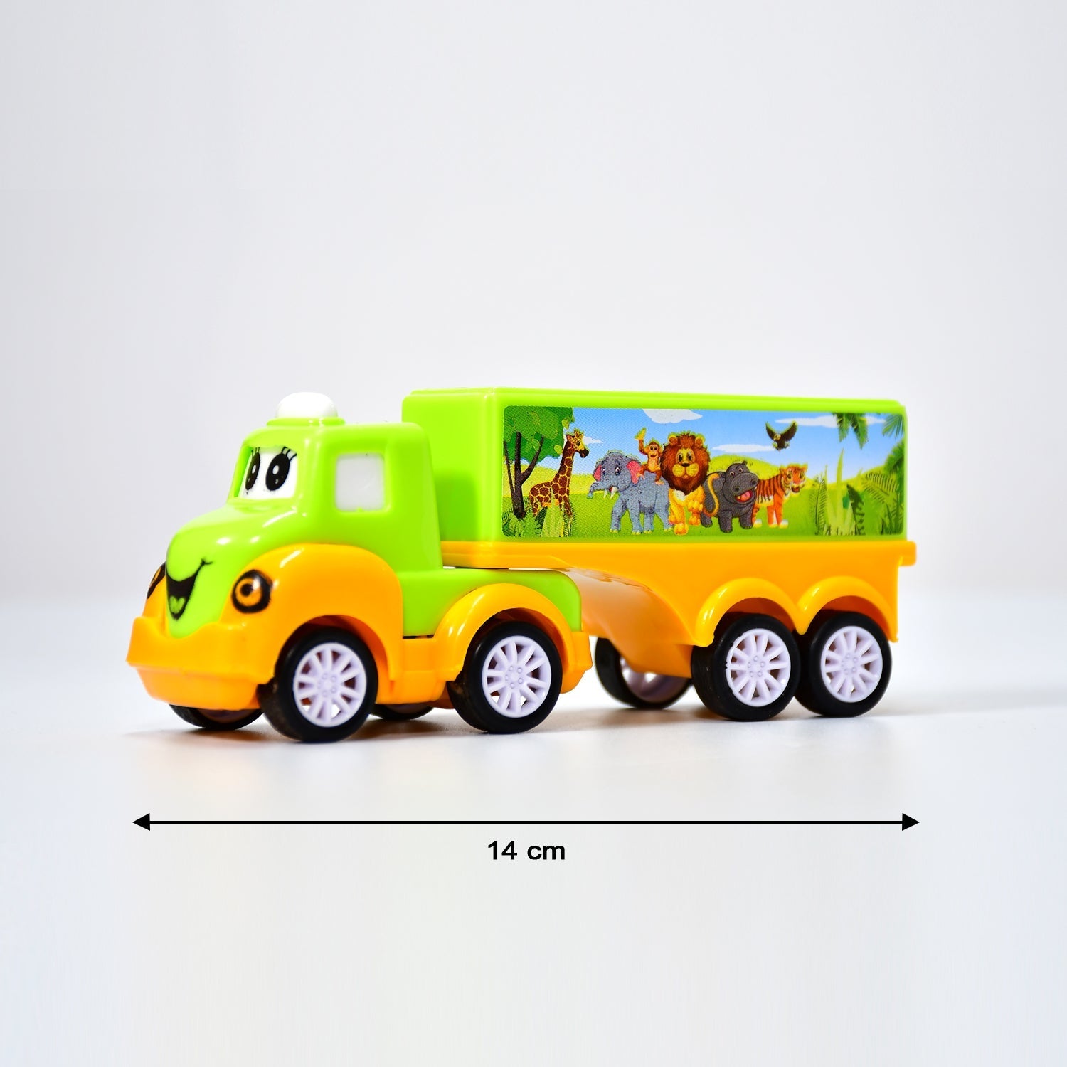 Playful green and yellow friction truck, perfect for toddlers.
