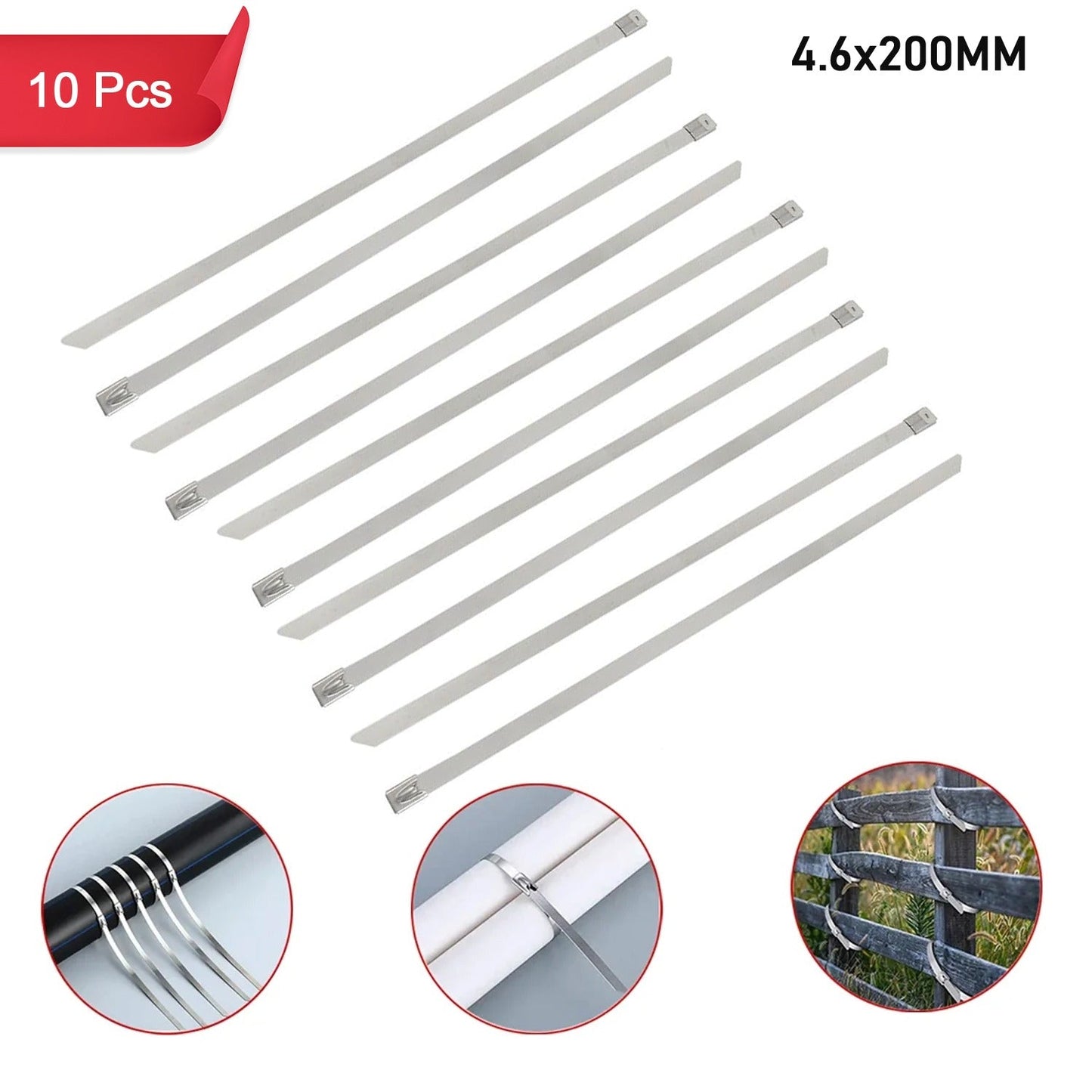 Pack of 10 stainless steel cable ties, ideal for heavy-duty fastening.