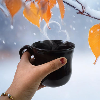 Detail of the sturdy plastic handle on the coffee mug.