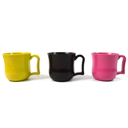 Set of colorful unbreakable plastic mugs, ideal for family or office.
