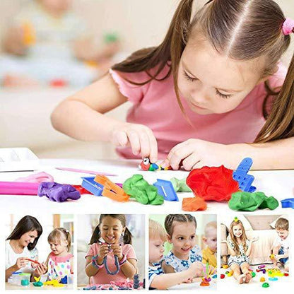 Children's creative dough kit featuring a pack of 6 non-toxic play dough tubs and an extruder.