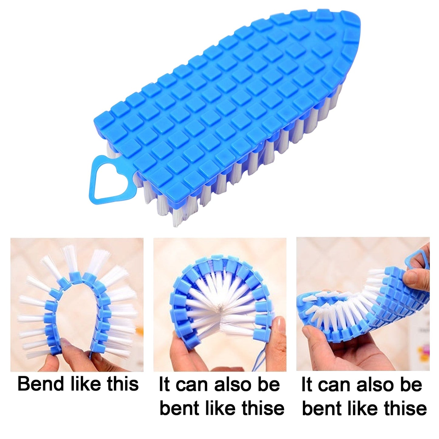 A flexible cleaning brush demonstrating its bendable plastic body for reaching tight spaces.