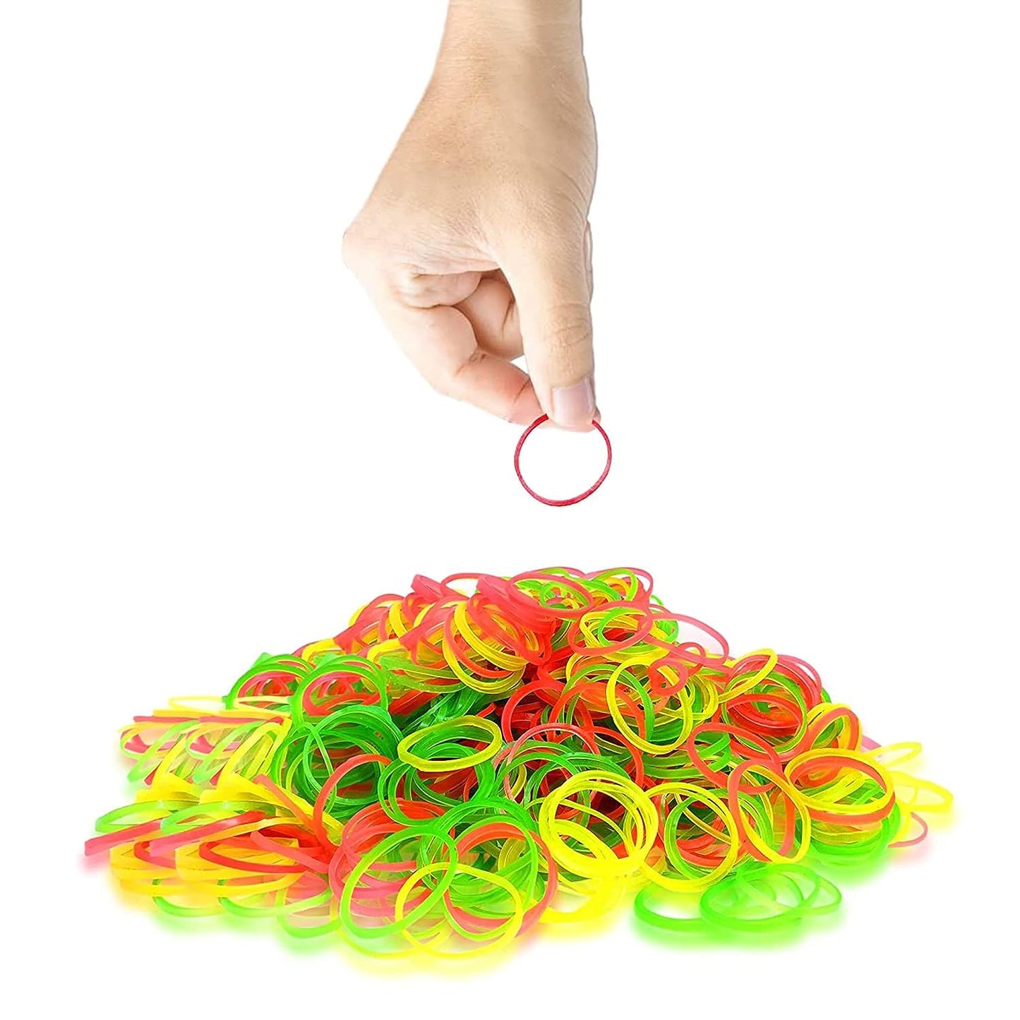 A colourful pile of 2-inch nylon rubber bands, ideal for office and home organization.