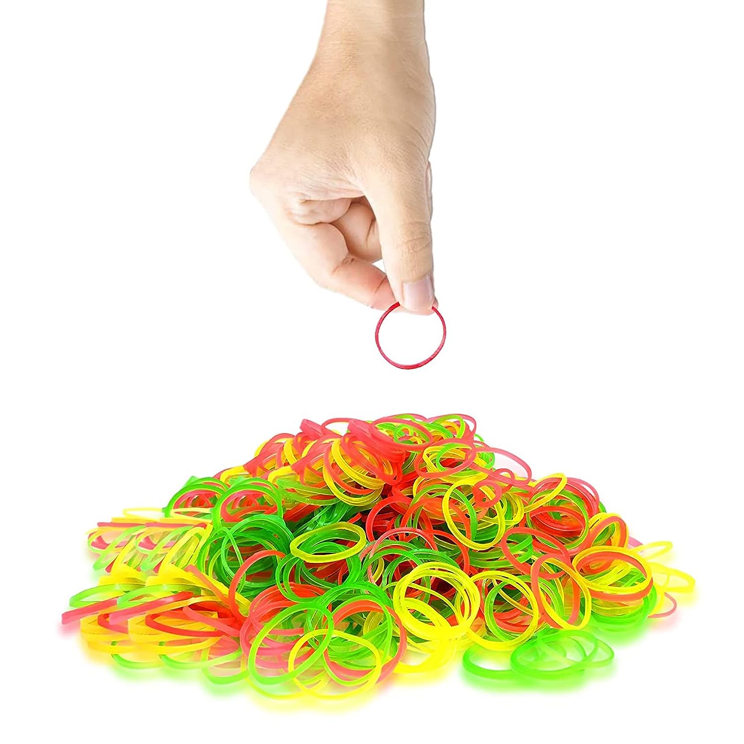 A colourful pile of 2-inch nylon rubber bands, ideal for office and home organization.