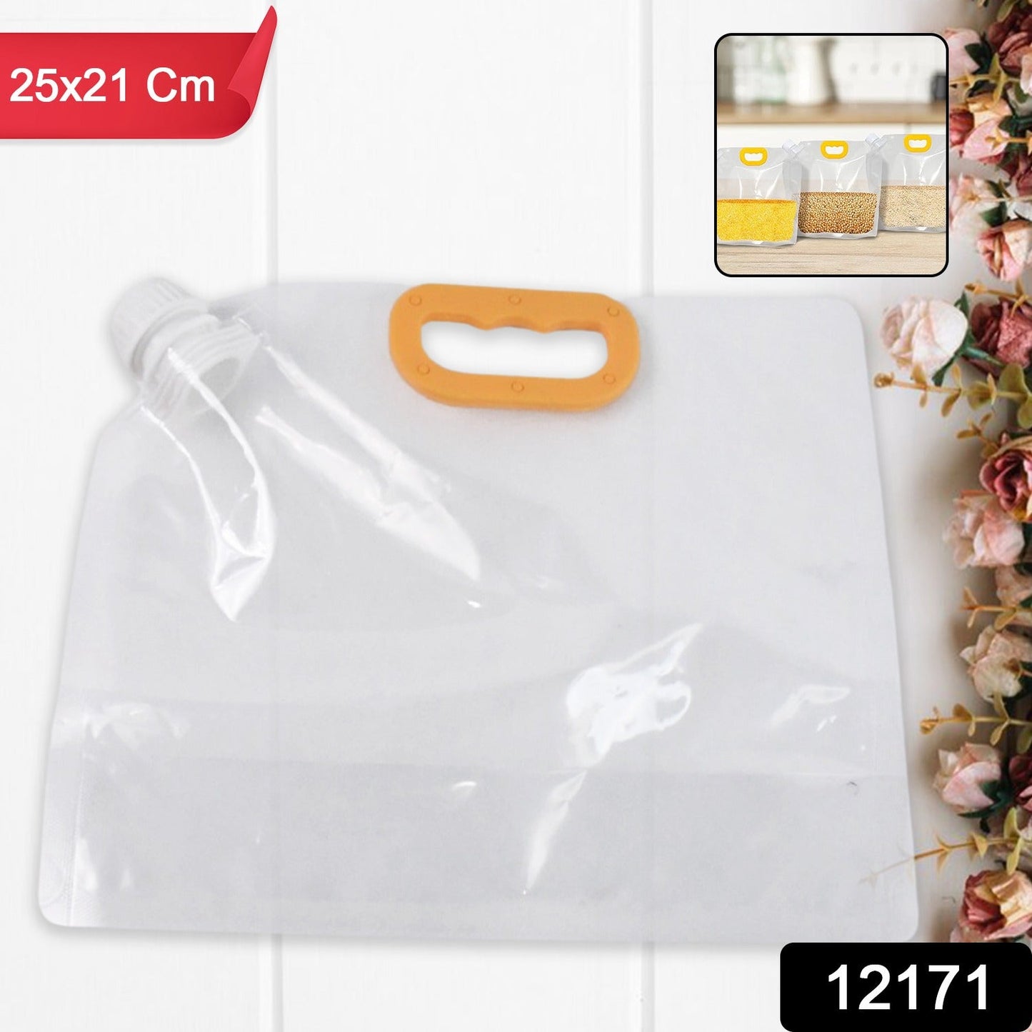 Airtight food storage bag with screw-on cap and portable handle for leakproof food storage