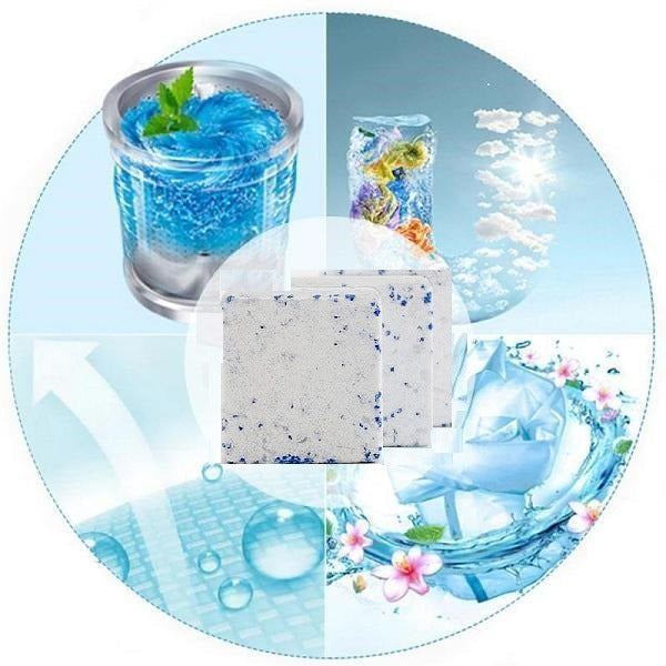 Close-up of a lavender-scented washing machine cleaning tablet.