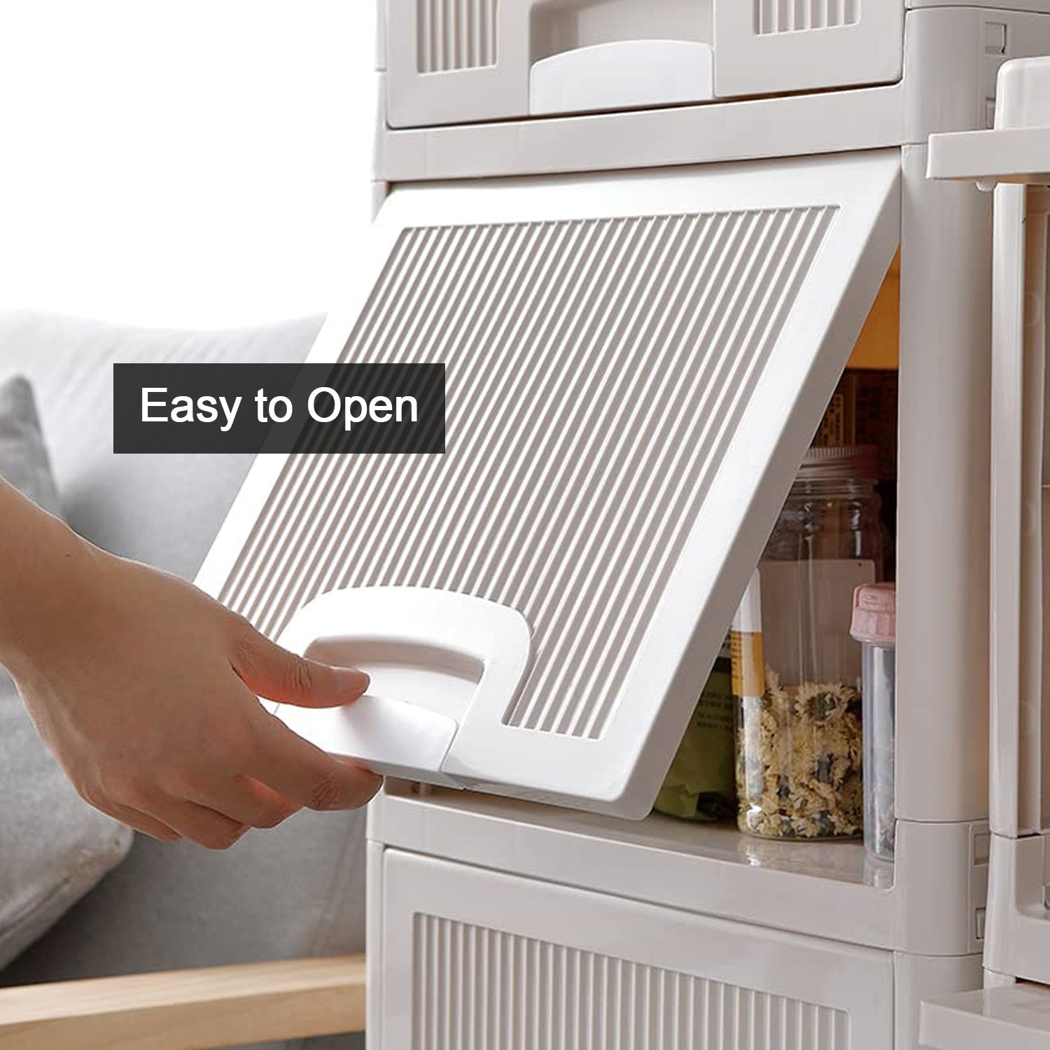 Multipurpose storage cabinet in a living space, neatly organizing various items in its drawers.