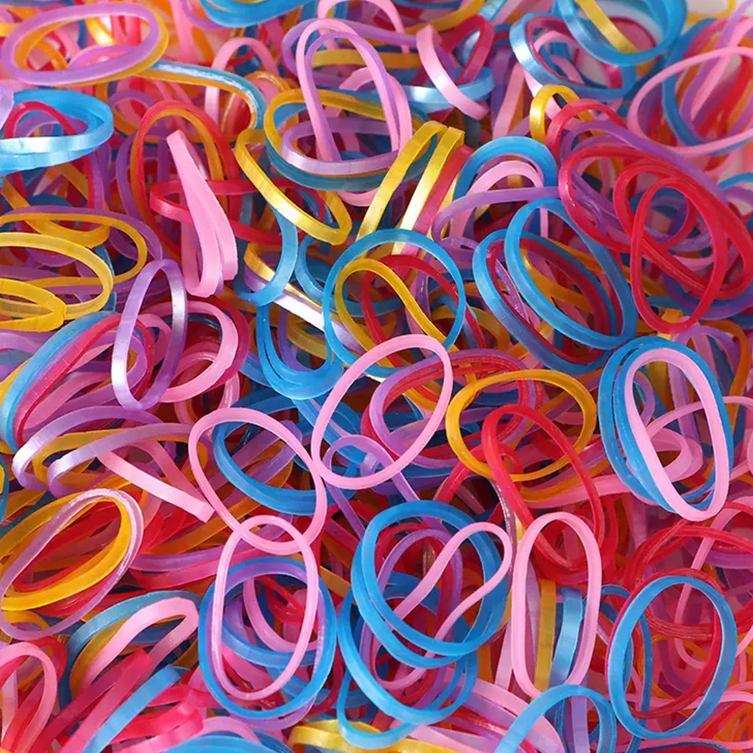 Close-up of flexible multicolor elastic rubber bands.